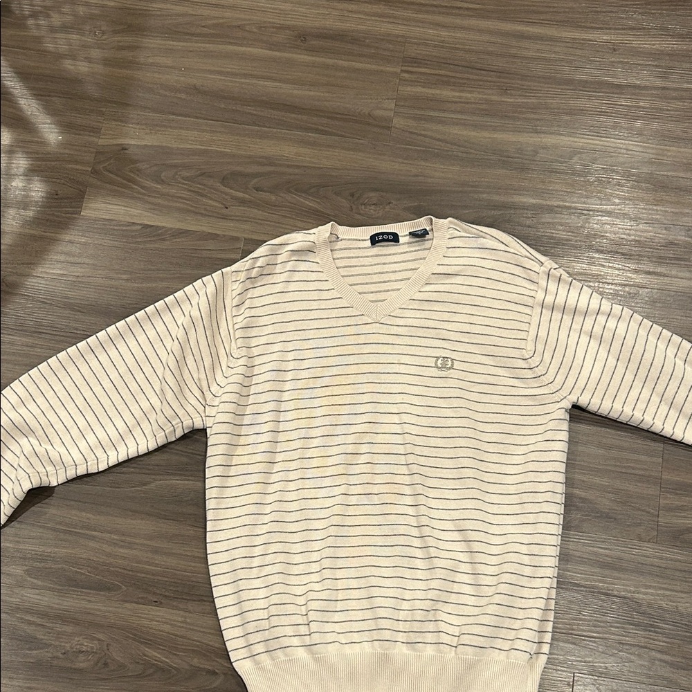 IZod Men's V-Neck Sweater in Cream and Black Stripes
